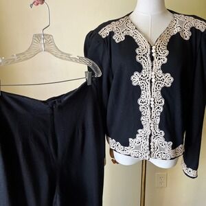 Vintage 80s Marie St Claire Black Lace Wool Blazer Pants Set Sz 14